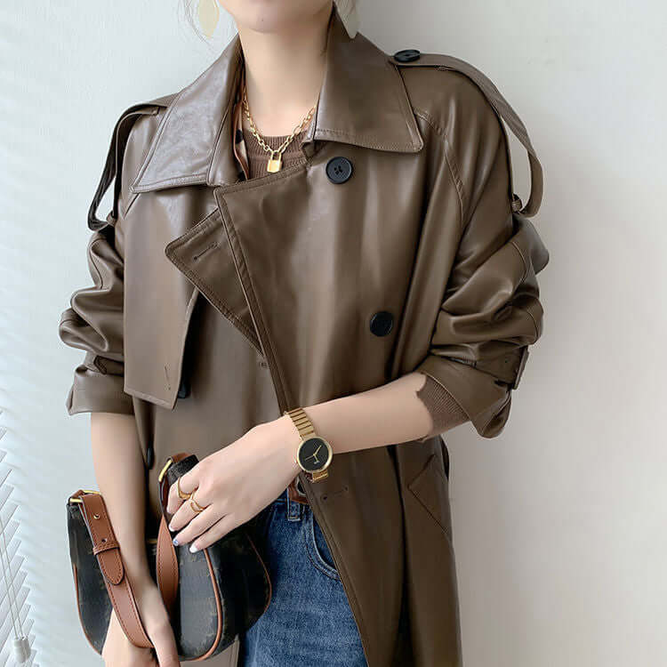 Women’s Trench Coat – Leather Look – Loose Fit – Double Breasted – Full Length