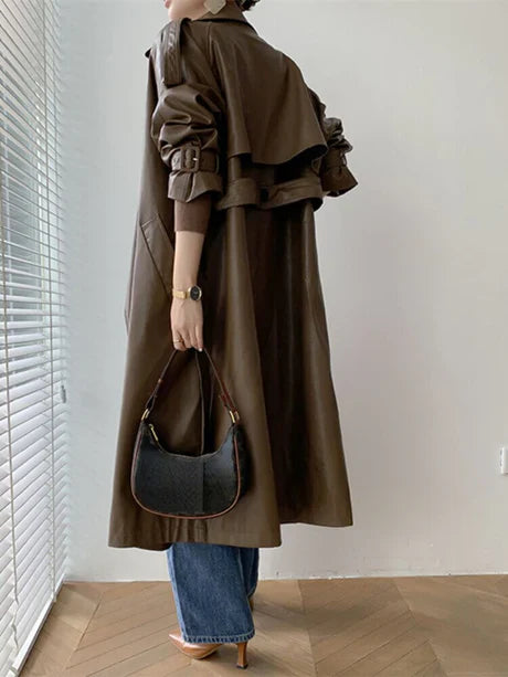 Women’s Trench Coat – Leather Look – Loose Fit – Double Breasted – Full Length