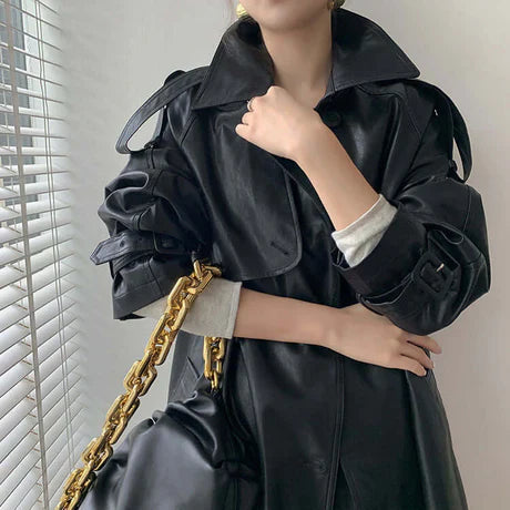 Women’s Trench Coat – Leather Look – Loose Fit – Double Breasted – Full Length