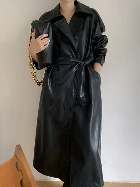 Women’s Trench Coat – Leather Look – Loose Fit – Double Breasted – Full Length