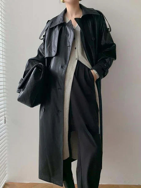 Women’s Trench Coat – Leather Look – Loose Fit – Double Breasted – Full Length