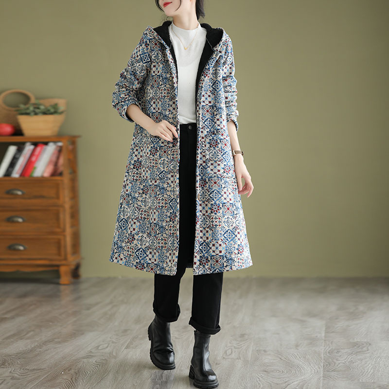 Women’s Trench Coat – Loose Fit – A-Line Silhouette – Geometric Pattern – Hooded Casual Layer