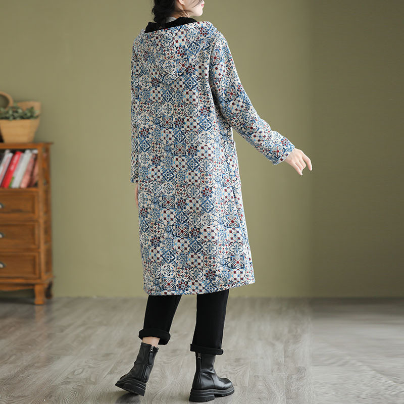 Women’s Trench Coat – Loose Fit – A-Line Silhouette – Geometric Pattern – Hooded Casual Layer