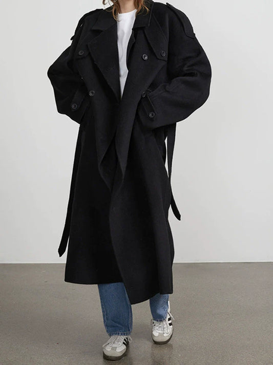Women’s Trench Coat – Oversized Fit – Wool Feel – Double-Breasted – Belted Classic Style