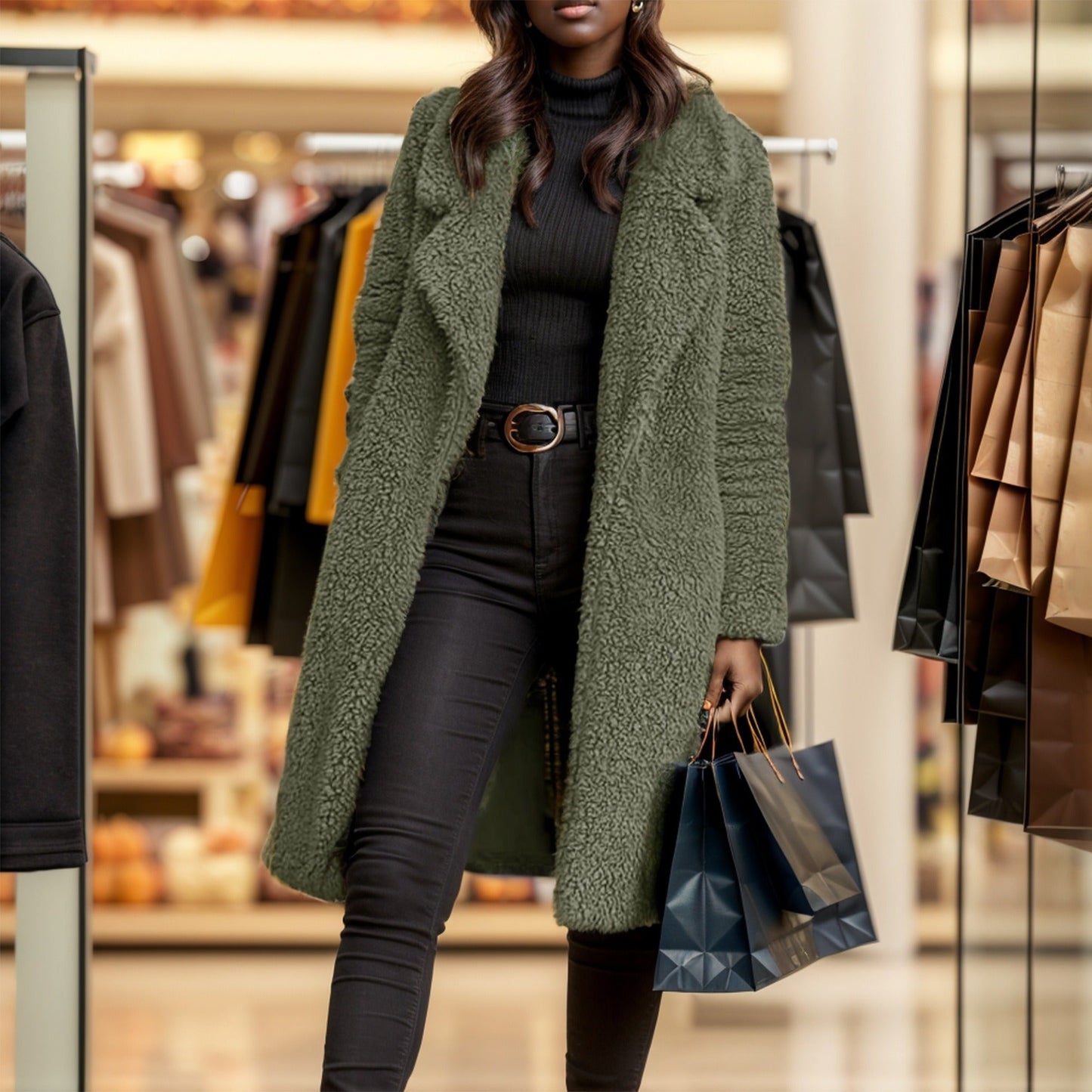 Women’s Trench Coat – Relaxed Fit – Plush Textured Fabric – Notched Lapel – Mid-Calf Length