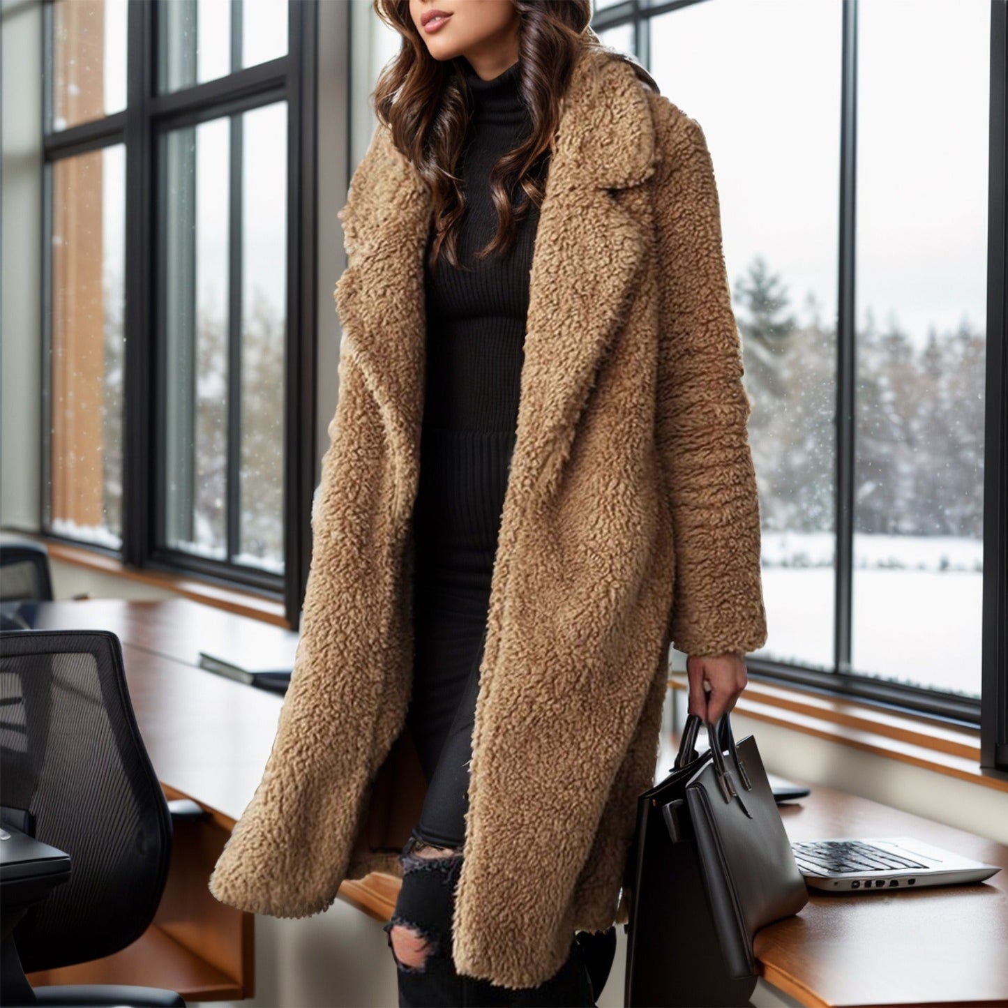 Women’s Trench Coat – Relaxed Fit – Plush Textured Fabric – Notched Lapel – Mid-Calf Length