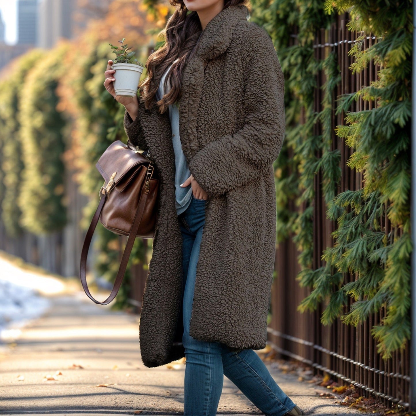 Women’s Trench Coat – Relaxed Fit – Plush Textured Fabric – Notched Lapel – Mid-Calf Length