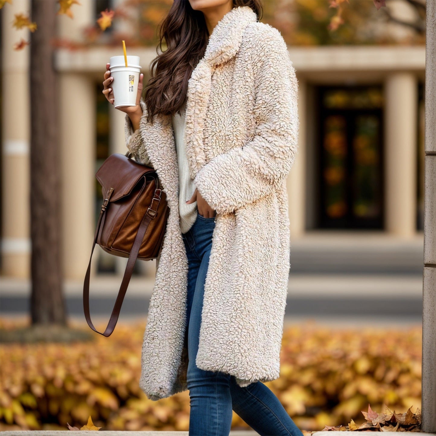 Women’s Trench Coat – Relaxed Fit – Plush Textured Fabric – Notched Lapel – Mid-Calf Length