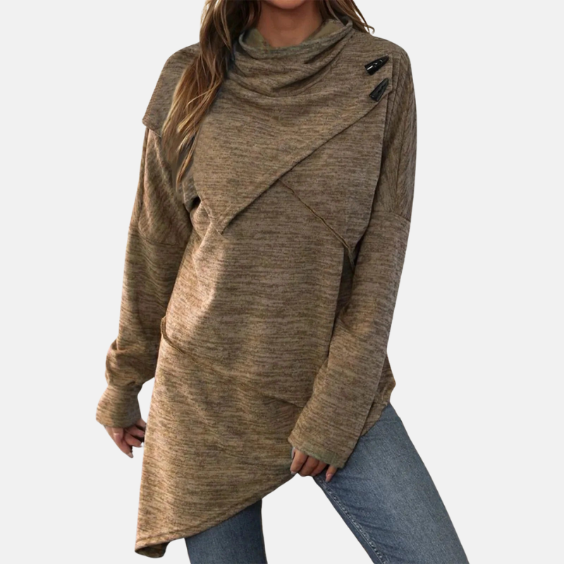 Women’s Tunic Sweater – Wool Blend – Relaxed Fit – Cowl Neck – Asymmetrical Hem