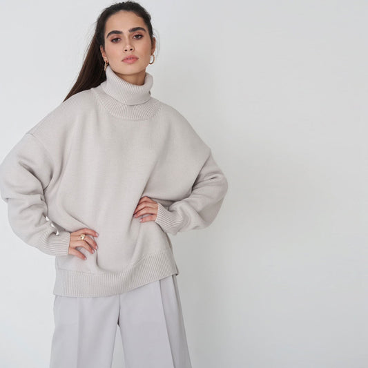 Women’s Turtleneck Sweater – Oversized Fit – Wool Knit – Ribbed Hem and Cuffs – Tunic Length