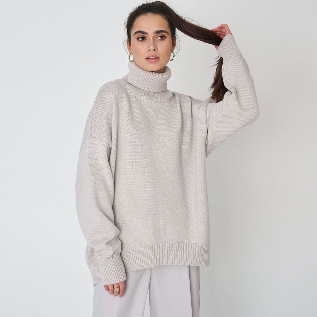 Women’s Turtleneck Sweater – Oversized Fit – Wool Knit – Ribbed Hem and Cuffs – Tunic Length