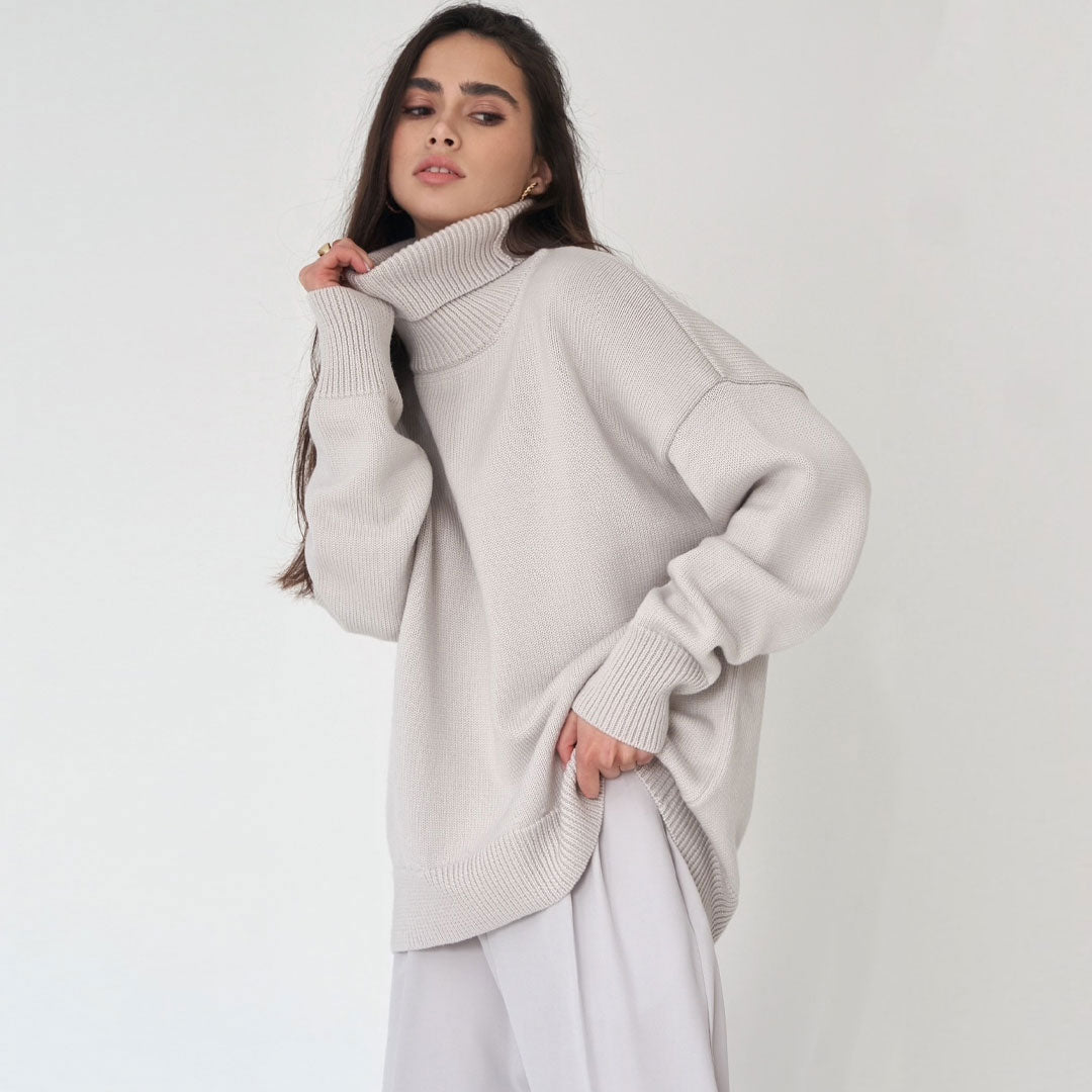 Women’s Turtleneck Sweater – Oversized Fit – Wool Knit – Ribbed Hem and Cuffs – Tunic Length