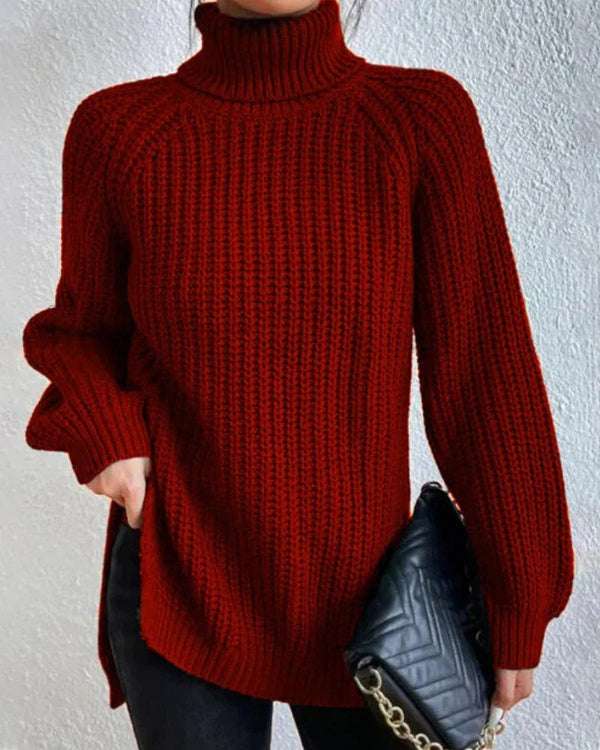 Women’s Turtleneck Sweater – Relaxed Fit – Chunky Knit – Hip Length – Raglan Sleeves