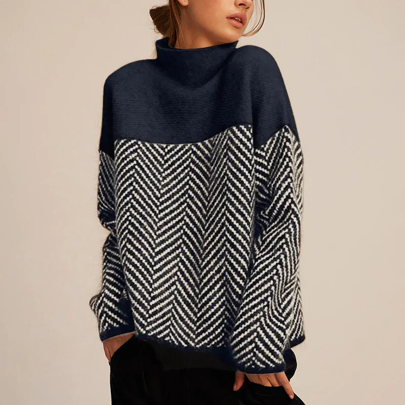 Women’s Turtleneck Sweater – Wool – Relaxed Fit – Chevron Knit – Hip Length – Long Sleeve
