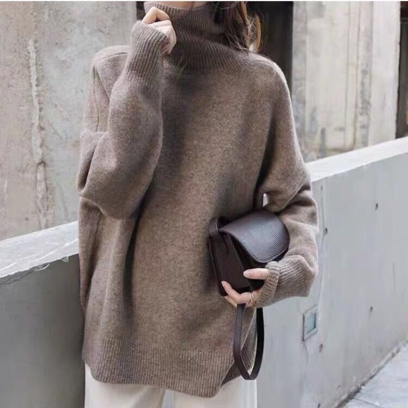 Women’s Turtleneck Sweatshirt – Oversized Knit – Drawstring Hem – Long Sleeve Cozy Fit