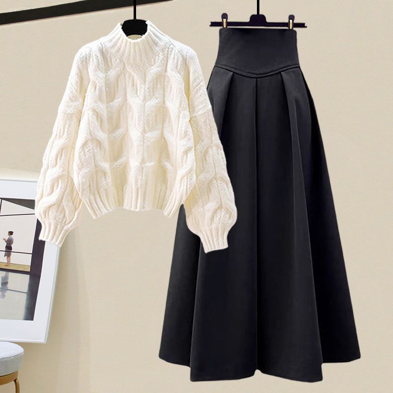 Women’s Two-Piece Set – Cable Knit Oversized Sweater – Pleated A-Line Midi Skirt