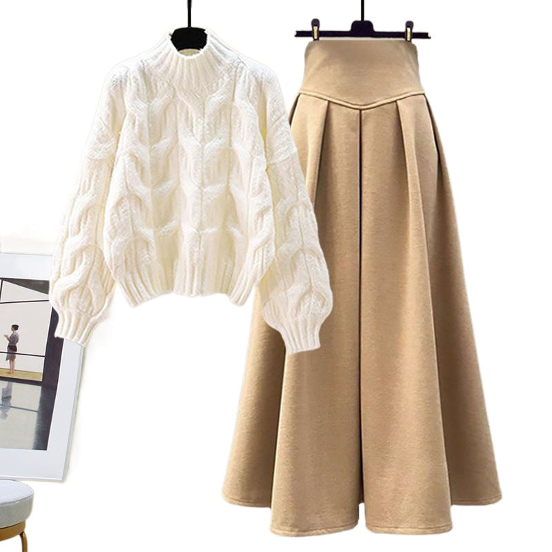 Women’s Two-Piece Set – Cable Knit Oversized Sweater – Pleated A-Line Midi Skirt