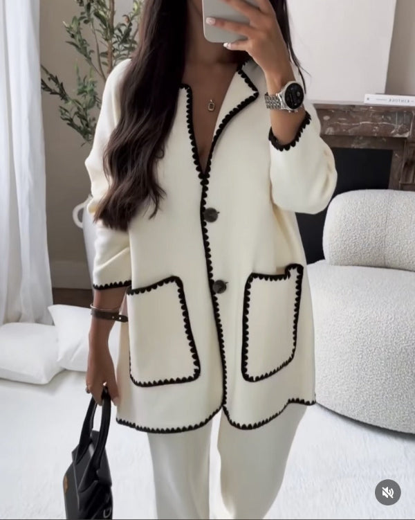 Women’s Two-Piece Set – Wool Mix – Relaxed Fit – Patch Pockets – Contrast Piping