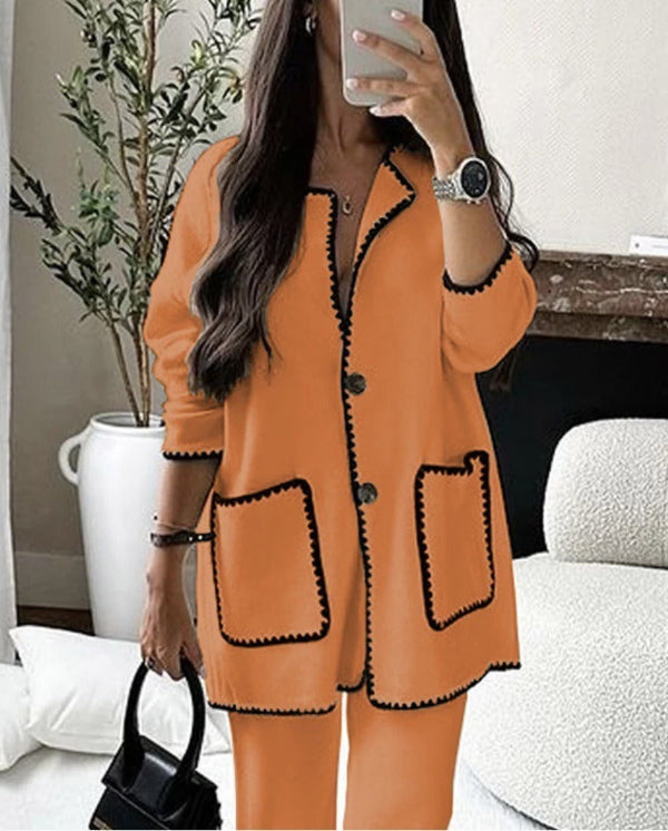 Women’s Two-Piece Set – Wool Mix – Relaxed Fit – Patch Pockets – Contrast Piping