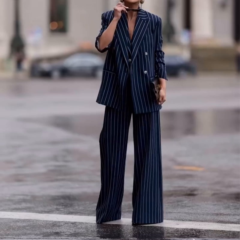 Women’s Two-Piece Suit – Double-Breasted Blazer – Wool Blend – Wide-Leg Flared Trousers