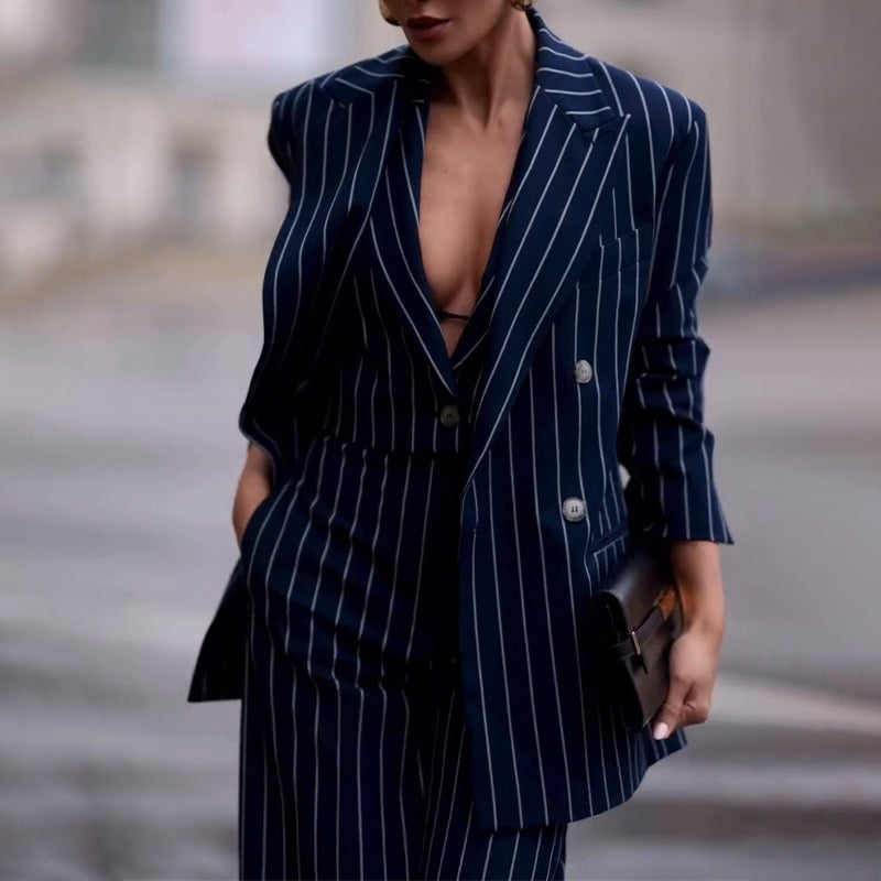 Women’s Two-Piece Suit – Double-Breasted Blazer – Wool Blend – Wide-Leg Flared Trousers