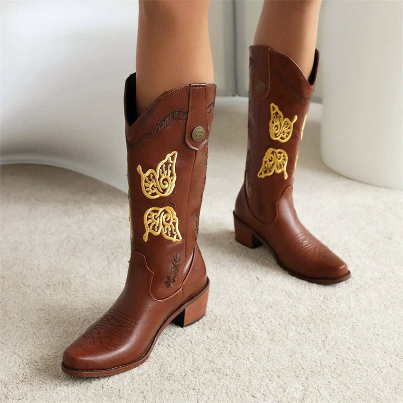 Women’s Western Boots – Embroidered Leather – Mid-Calf – Stacked Heel – Pull-On Style