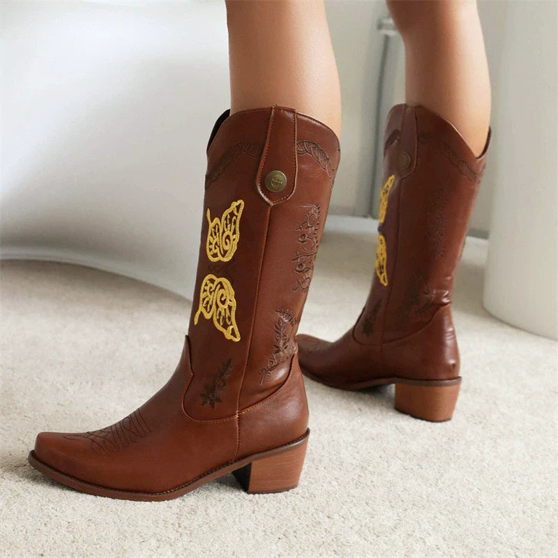 Women’s Western Boots – Embroidered Leather – Mid-Calf – Stacked Heel – Pull-On Style