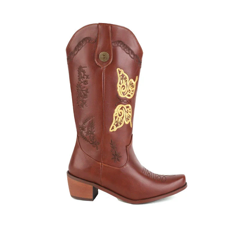 Women’s Western Boots – Embroidered Leather – Mid-Calf – Stacked Heel – Pull-On Style