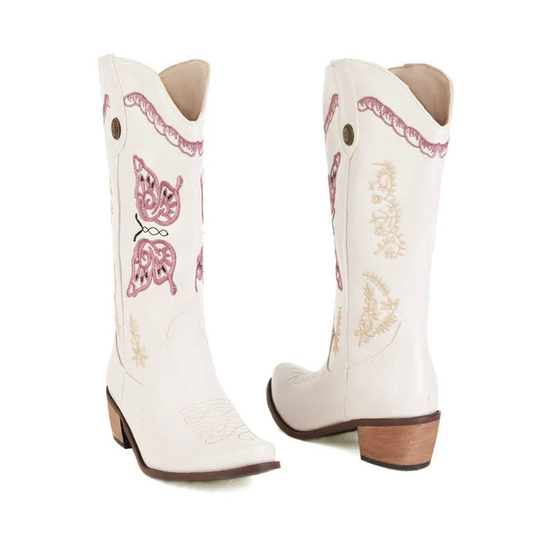 Women’s Western Boots – Embroidered Leather – Mid-Calf – Stacked Heel – Pull-On Style