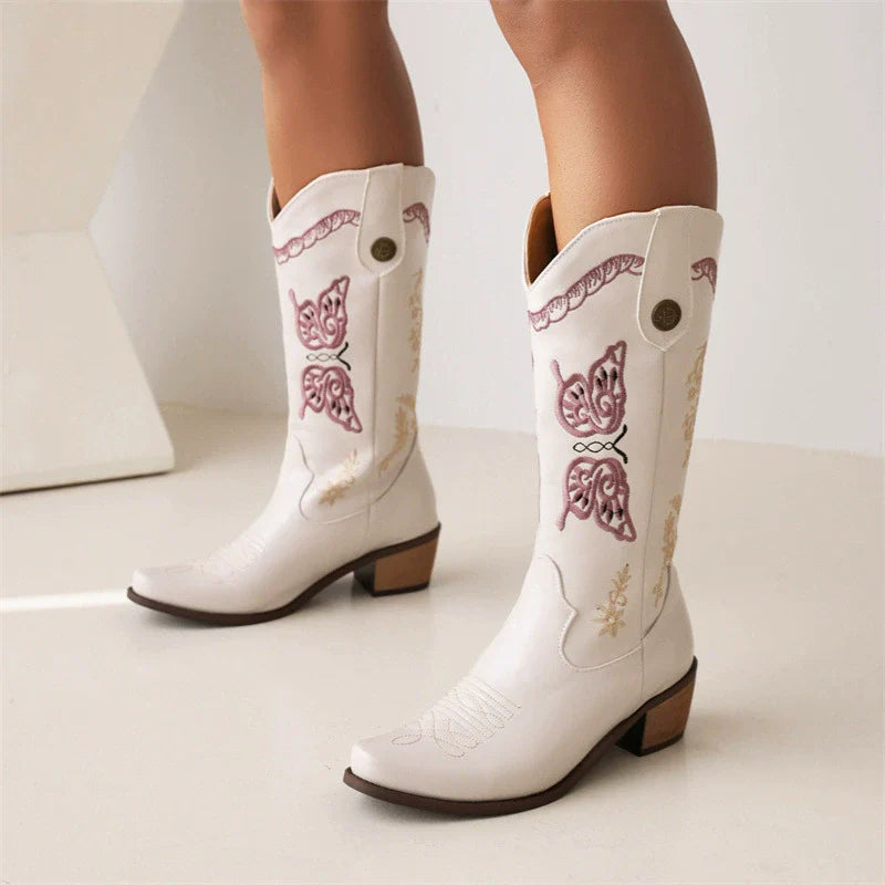 Women’s Western Boots – Embroidered Leather – Mid-Calf – Stacked Heel – Pull-On Style