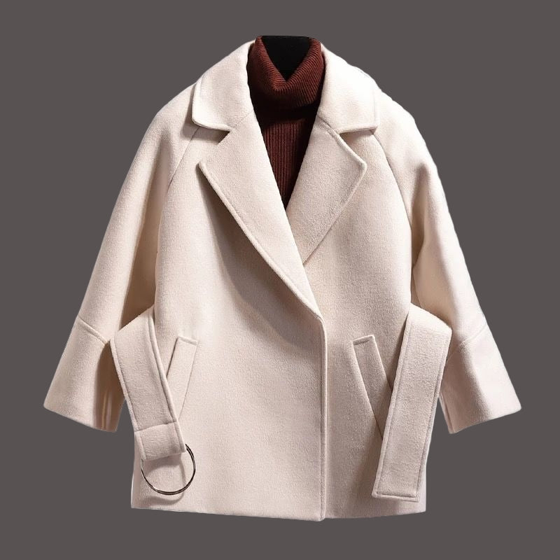 Women’s Wool Coat – Loose Fit – Notched Lapel – Open Front – Strap Sleeve – Pockets