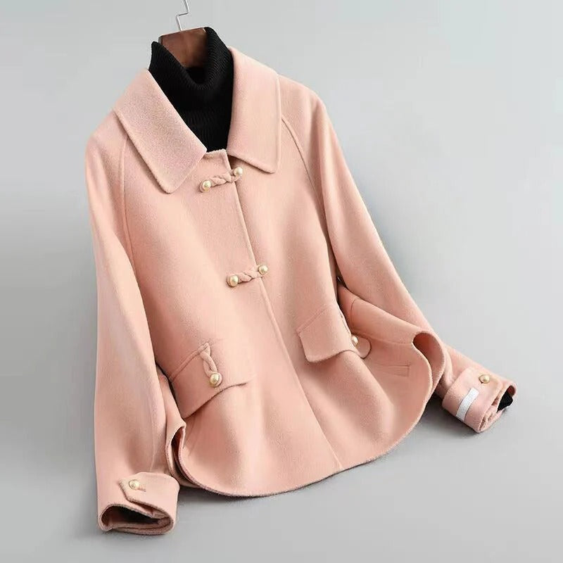 Women’s Wool Coat – Tailored Fit – Pearl Toggle Closure – Flared Hem – Mid Length