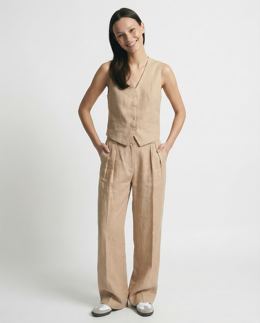 Flora Tailored Fit Vest & Relaxed Fit Wide Leg Trousers Two-Piece Set | Button Front Casual Set