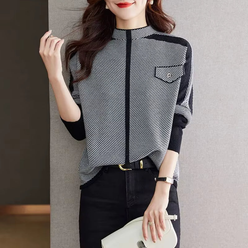 Isla Mock Neck Hip-Length Pullover | Diagonal Stripe Contrast Panels Pullover