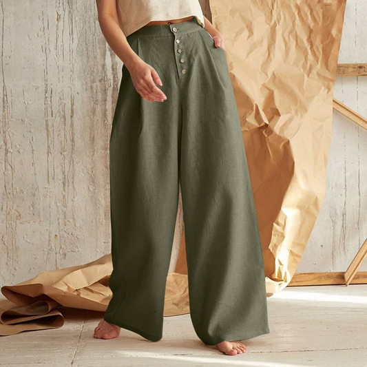 Isla Pleated Wide-Leg Pants | Button Front Pockets Pants