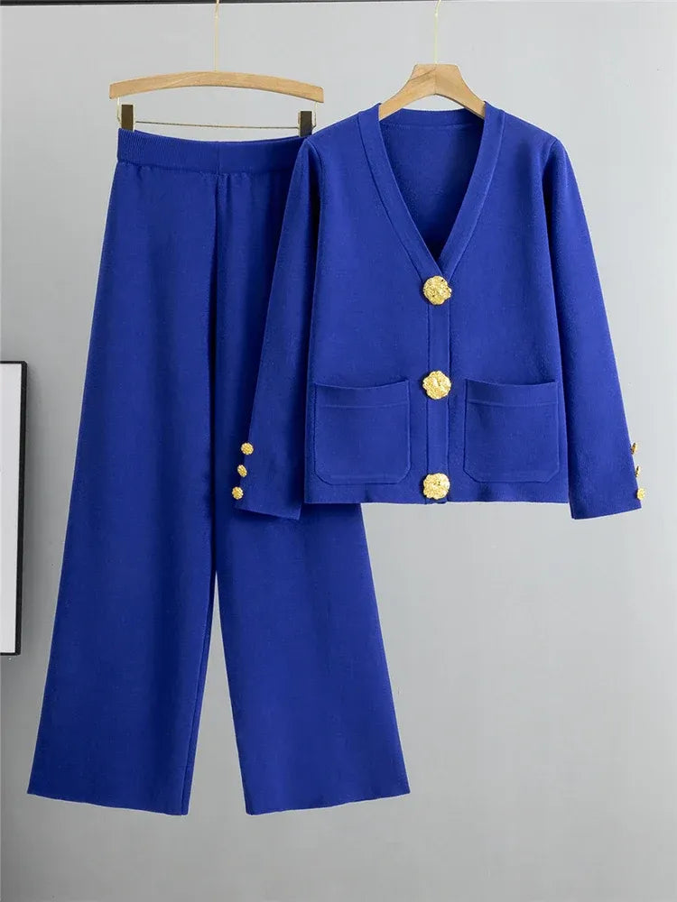 Women’s Two-Piece Knit Set – Relaxed Fit Cardigan with Buttons – Wide-Leg Trousers