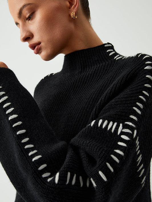 Isla Oversized Mock Neck Sweater | Ribbed Knit Contrast Stitching Sweater