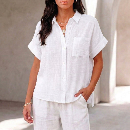 Amelia Relaxed Fit Button-Up Shirt | Collared Short Sleeve Shirt
