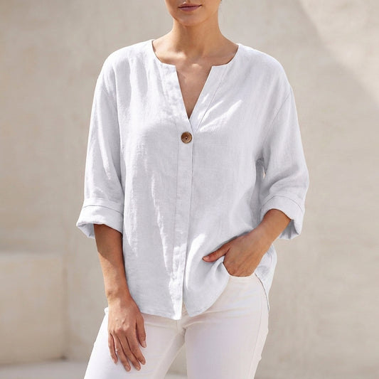 Isla Loose Fit Button-Up Top | V-Neck 3/4 Sleeve Button-Up Top