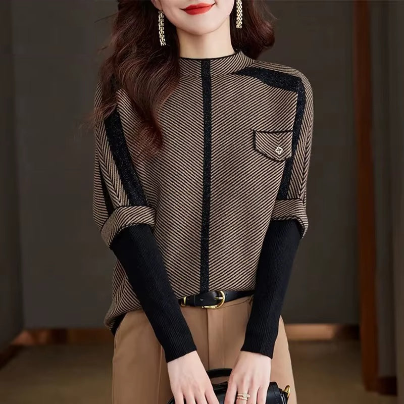 Isla Mock Neck Hip-Length Pullover | Diagonal Stripe Contrast Panels Pullover