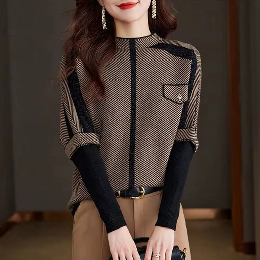 Isla Mock Neck Hip-Length Pullover | Diagonal Stripe Contrast Panels Pullover