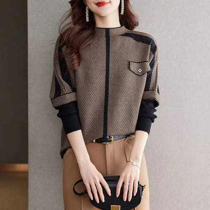 Isla Mock Neck Hip-Length Pullover | Diagonal Stripe Contrast Panels Pullover