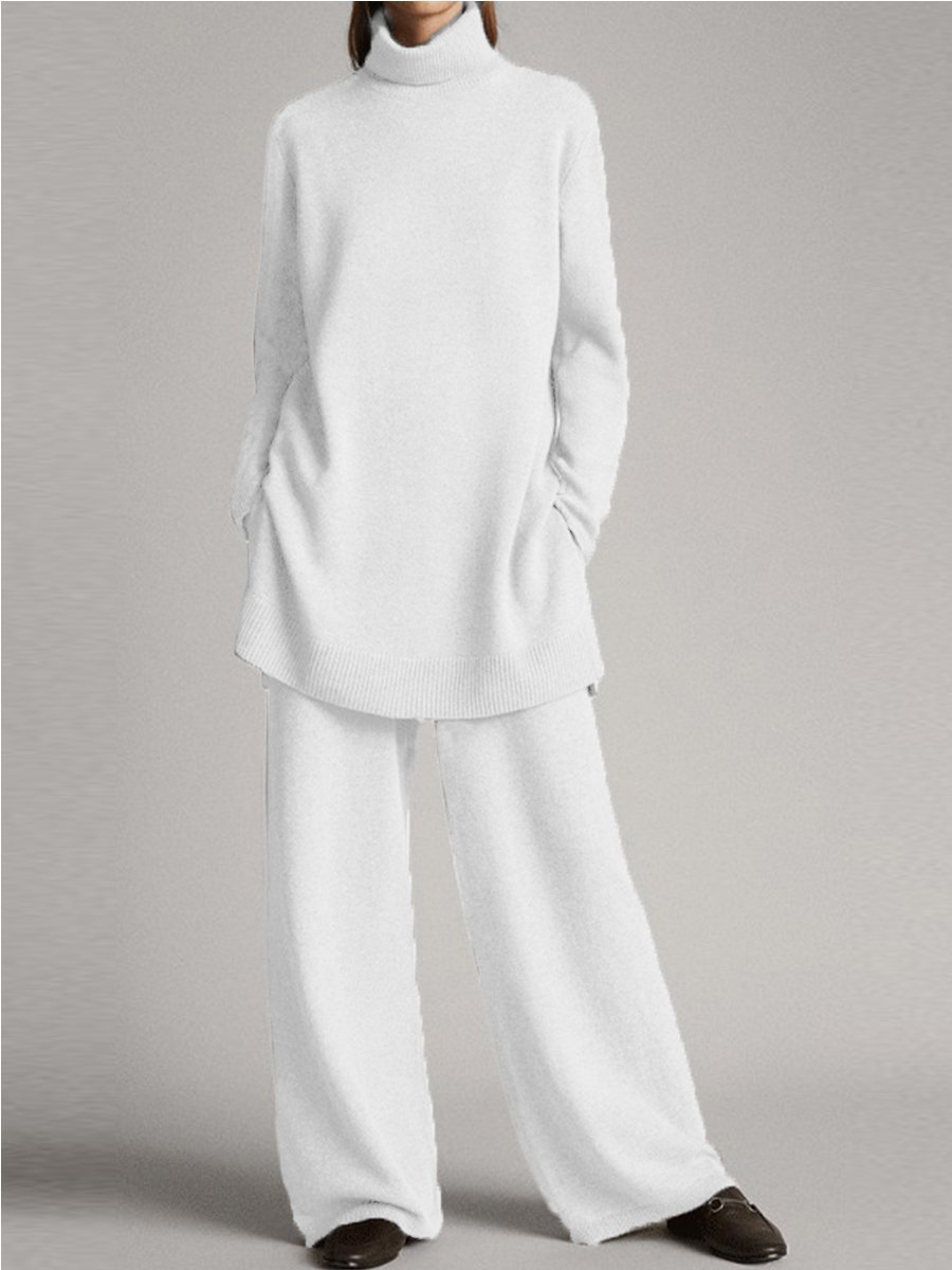 Grace Relaxed Fit Turtleneck Tunic Sweater Wide Leg Trousers Two-Piece Set | Ribbed Cuffs Side Pockets Loungewear