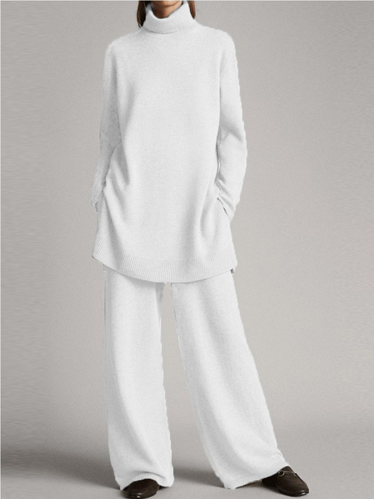 Grace Relaxed Fit Turtleneck Tunic Sweater Wide Leg Trousers Two-Piece Set | Ribbed Cuffs Side Pockets Loungewear