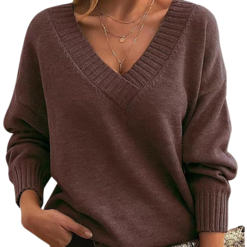 Isabella Wool Ribbed V-Neck Sweater | Relaxed Fit Hip-Length Sweater