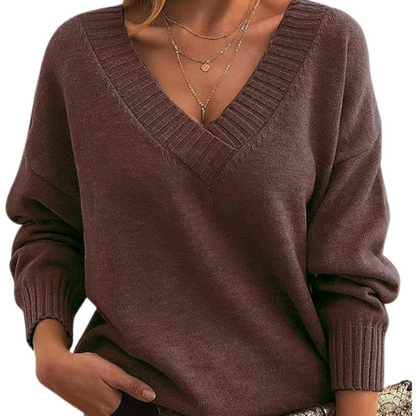 Isabella Wool Ribbed V-Neck Sweater | Relaxed Fit Hip-Length Sweater
