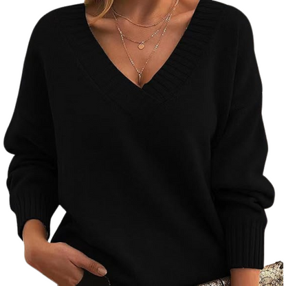 Isabella Wool Ribbed V-Neck Sweater | Relaxed Fit Hip-Length Sweater