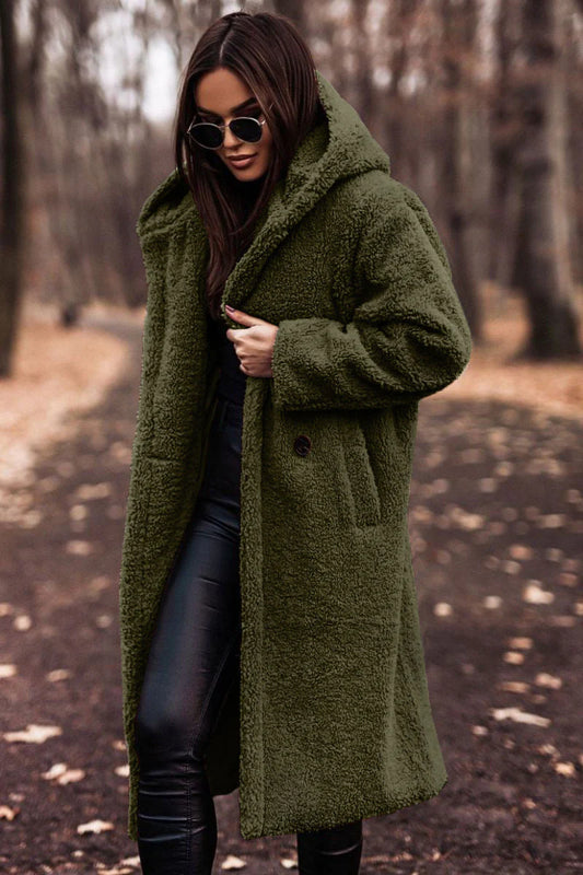 Isla Hooded Teddy Coat | Button Front Relaxed Fit Coat