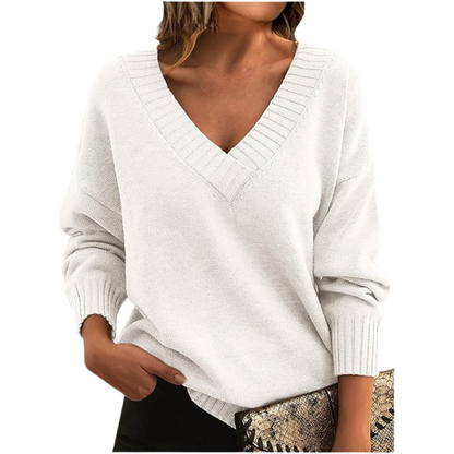 Isabella Wool Ribbed V-Neck Sweater | Relaxed Fit Hip-Length Sweater