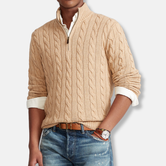 Men’s Half-Zip Sweatshirt – Cable Knit – Regular Fit – Stand-Up Collar – Ribbed Trim